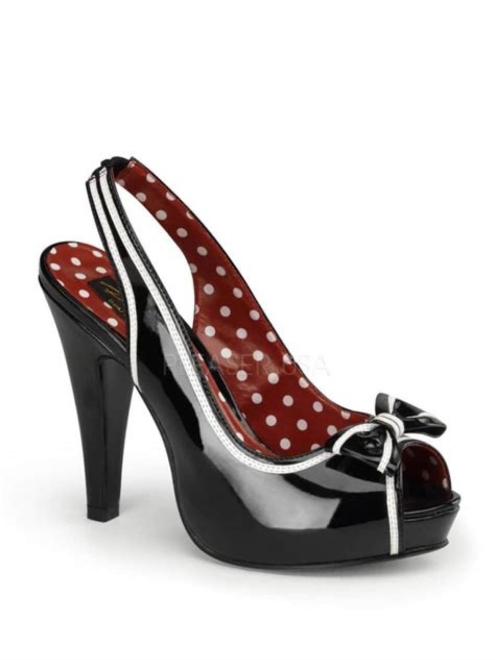 Pin-up girl - Black Patent Peep-Toe Slingback Heels with Bow - Women